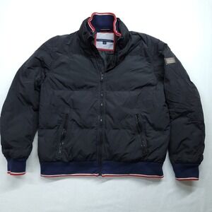 Tommy Hilfiger Mens Down Puffer Bomber Jacket Navy Blue Striped Trim Large